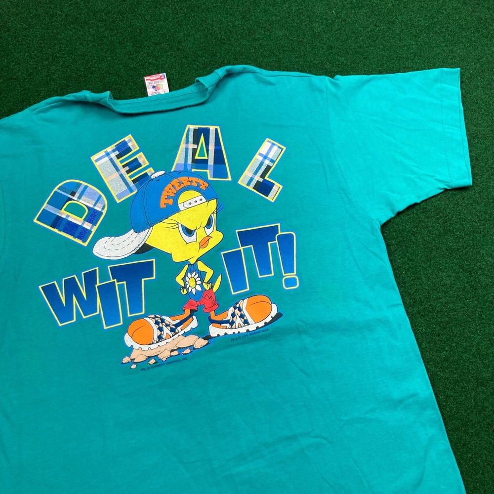 Vintage Looney Tunes Shirt Mens L Blue Tweety Sylvester Cat Deal With It 90s USA